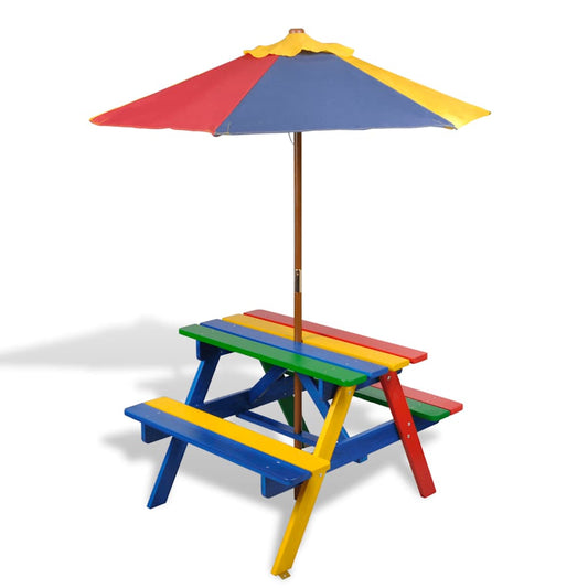 Kinderpicknicktafel met banken en parasol hout meerkleurig