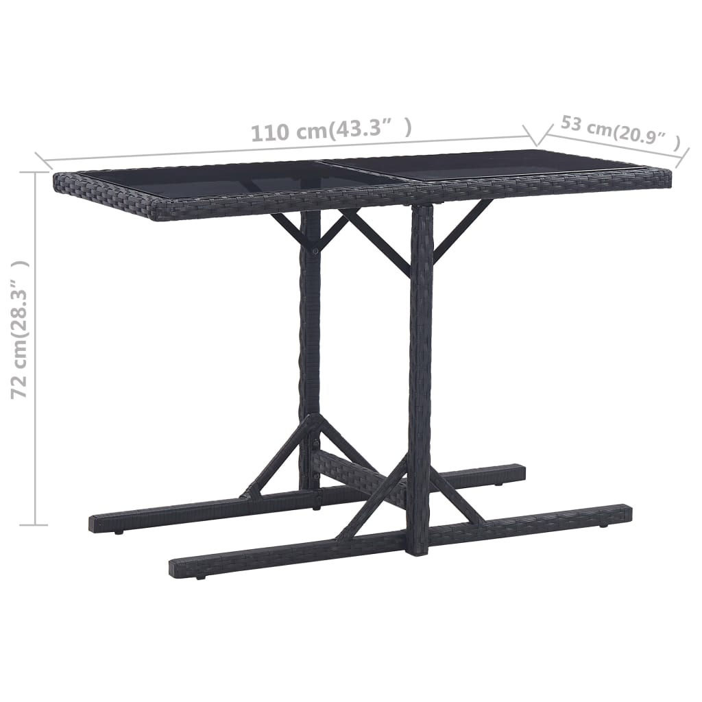 Tuintafel 110x53x72 cm glas en poly rattan zwart