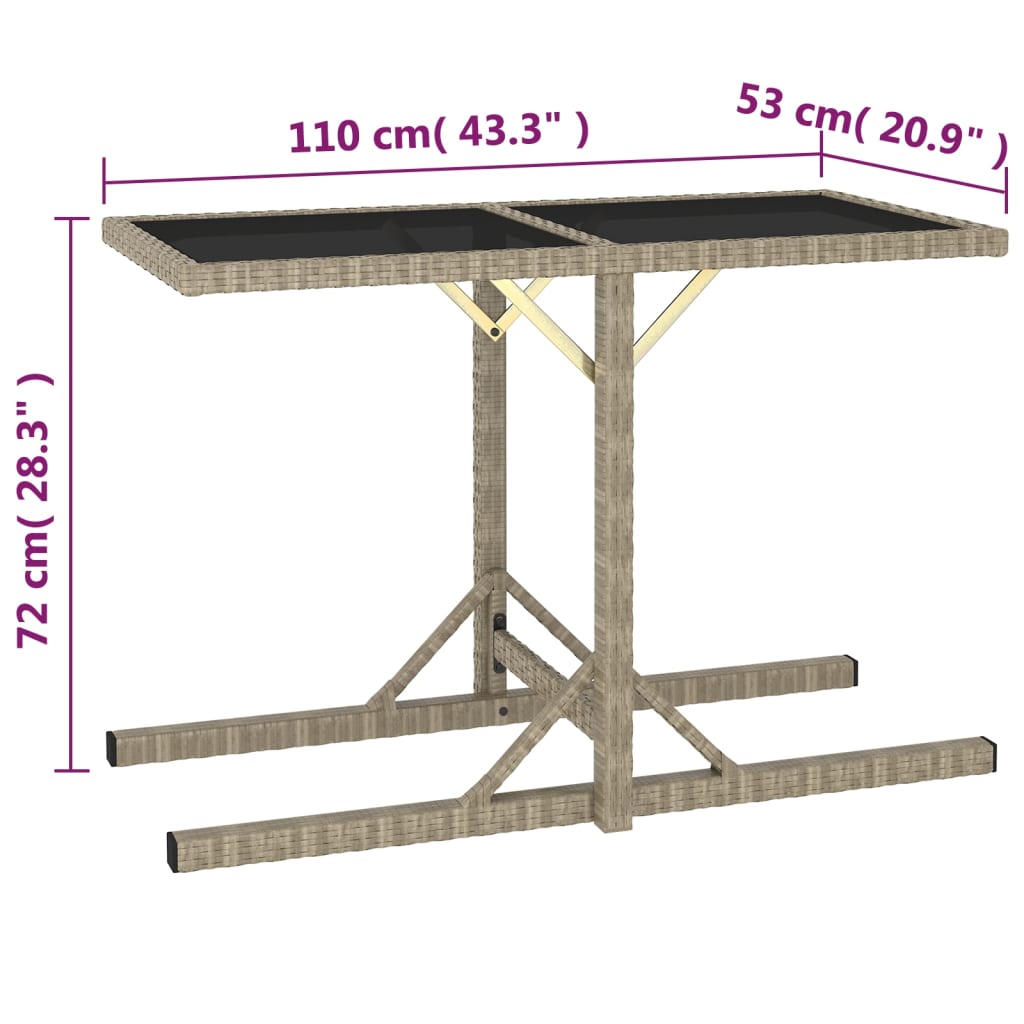 Tuintafel 110x53x72 cm glas en poly rattan beige