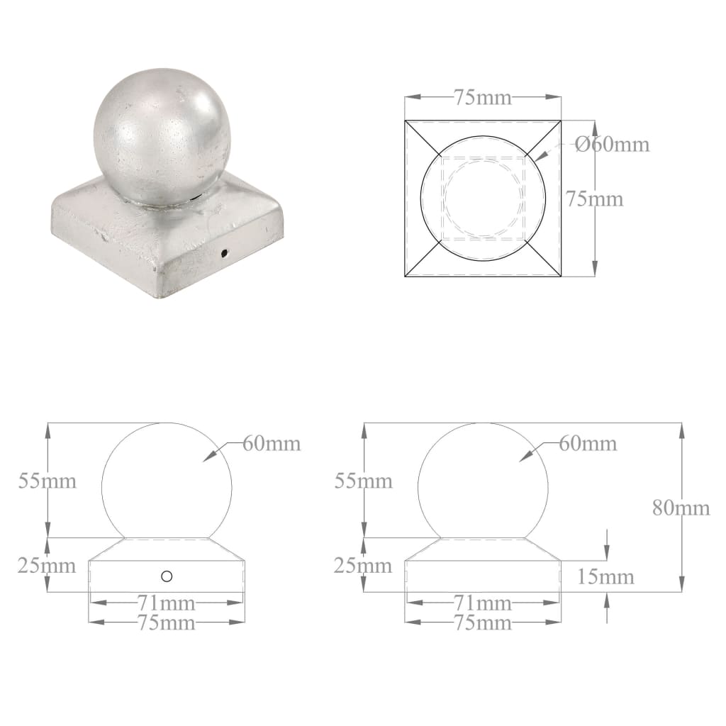 Paalkappen 6 st bol 71x71 mm gegalvaniseerd metaal