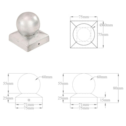 Paalkappen 6 st bol 71x71 mm gegalvaniseerd metaal