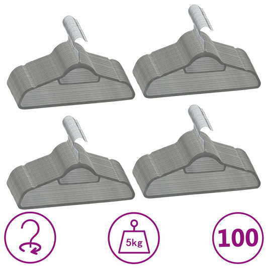 100-delige Kledinghangerset anti-slip fluweel grijs