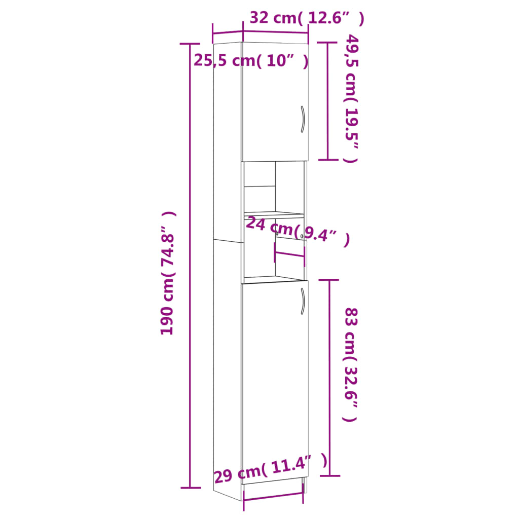 Badkamerkast 32x25,5x190 cm bewerkt hout wit