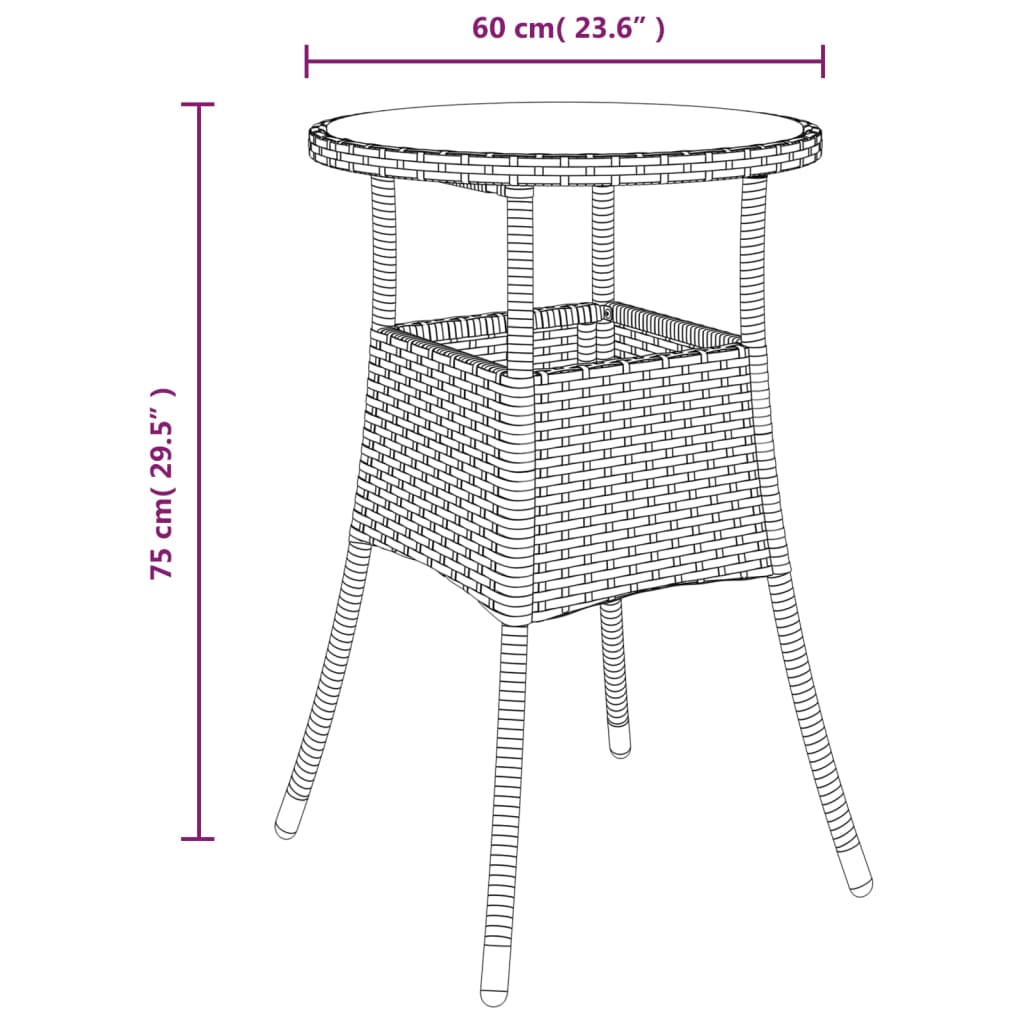 Tuintafel Ø60x75 cm gehard glas en poly rattan zwart