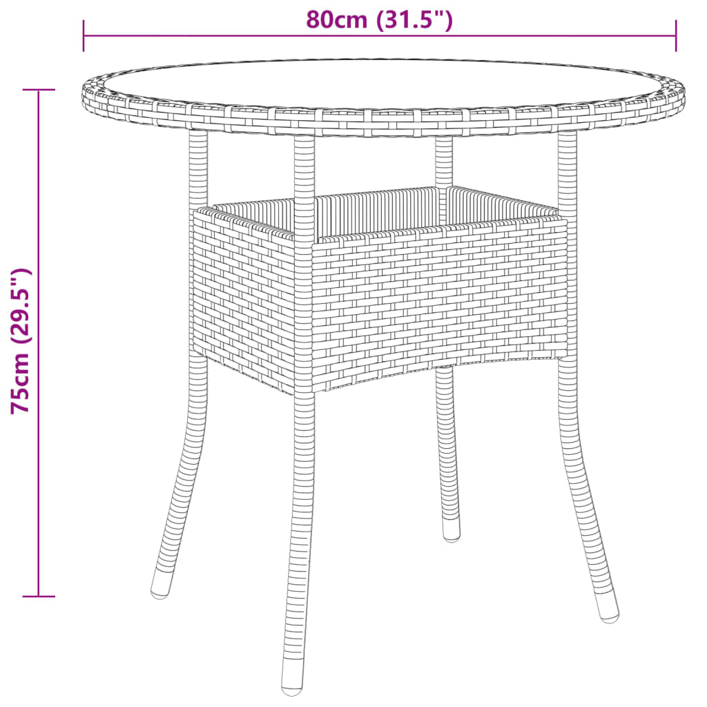 Tuintafel Ø80x75 cm gehard glas en poly rattan zwart