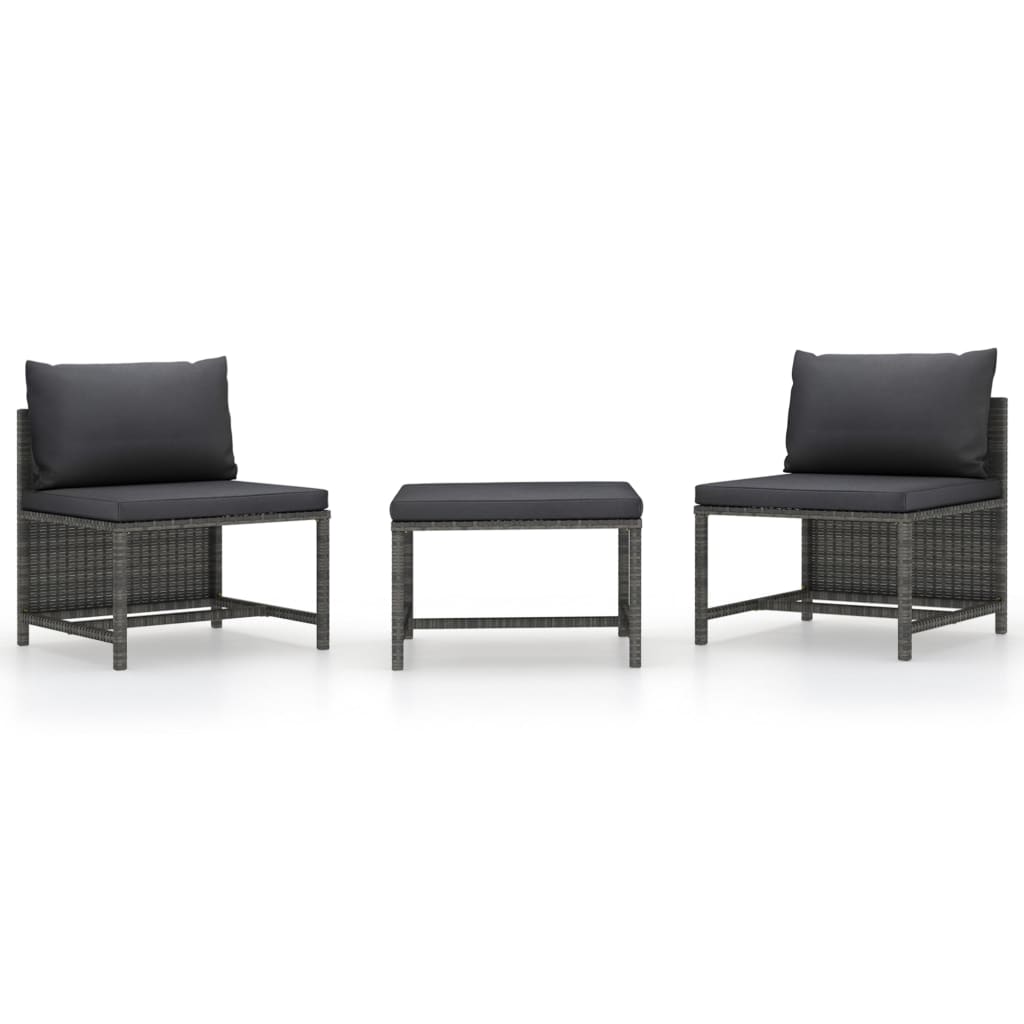 3-delige Loungeset met kussens poly rattan grijs