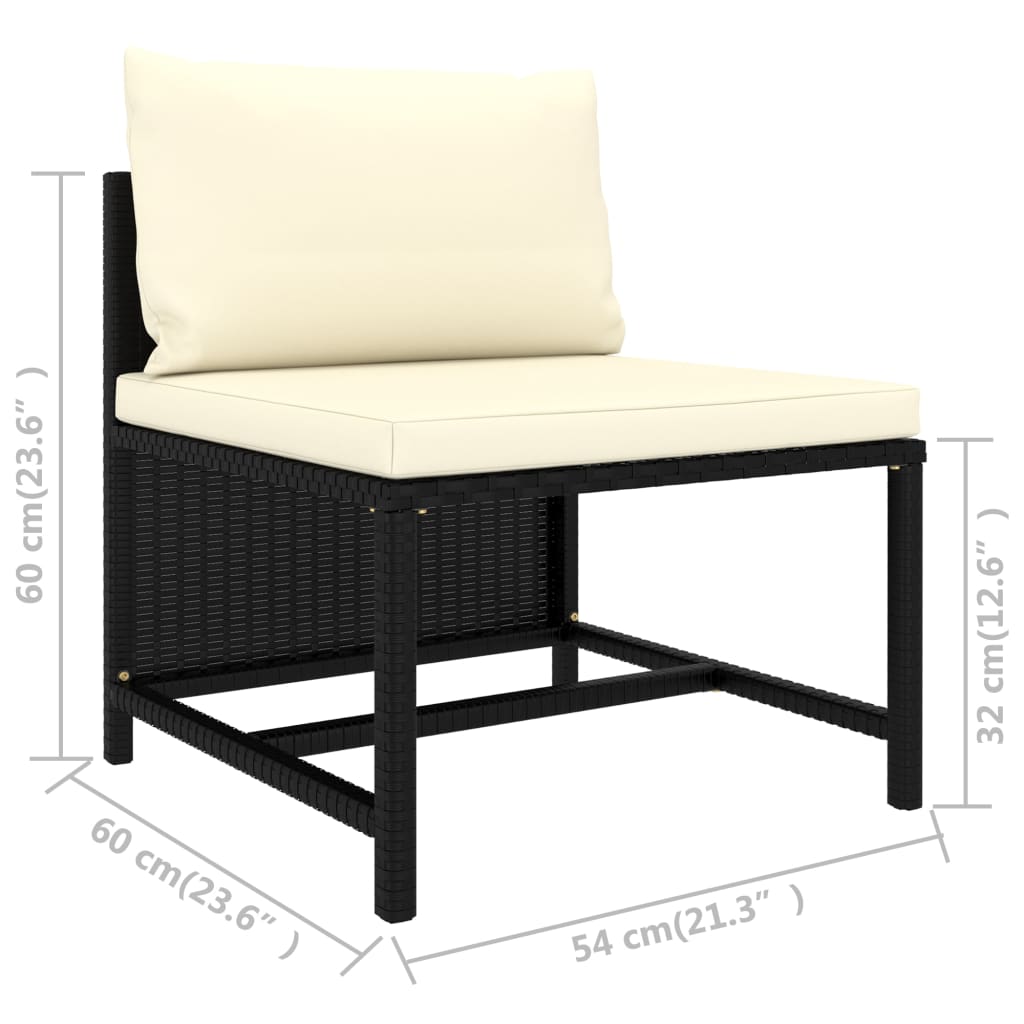 3-delige Loungeset met kussens poly rattan zwart