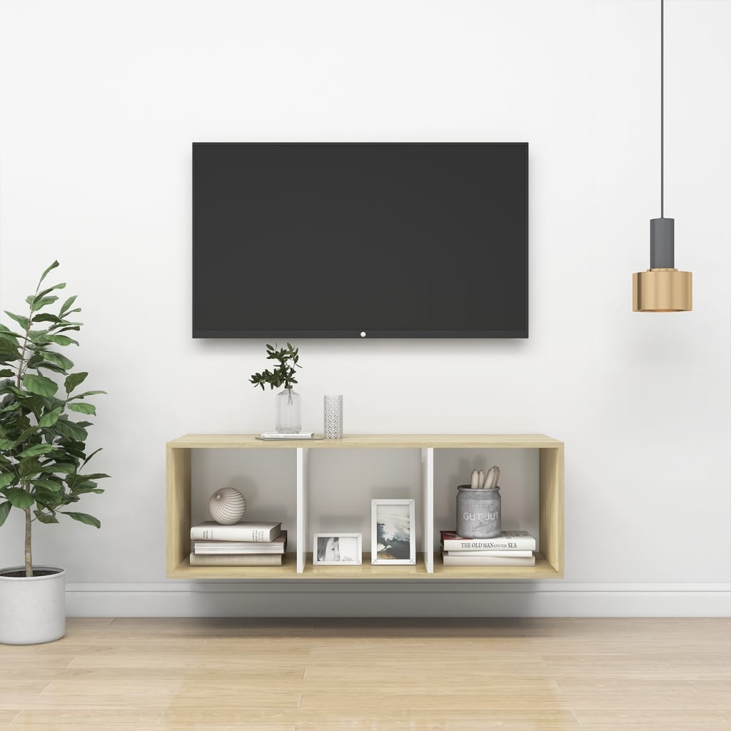 Tv-wandmeubel 37x37x107 cm bewerkt hout sonoma eikenkleurig wit