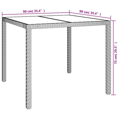 Tuintafel 90x90x75 cm gehard glas en poly rattan bruin