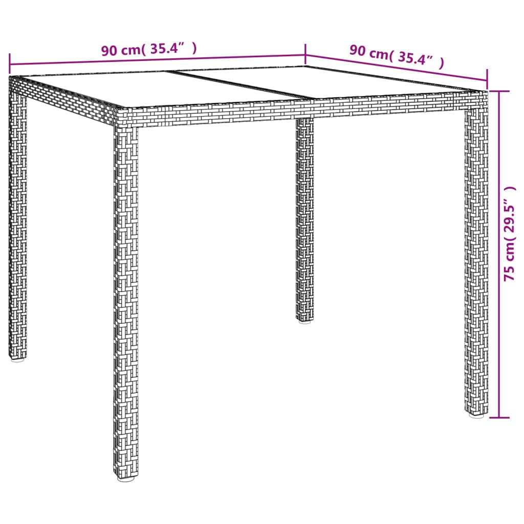 Tuintafel 90x90x75 cm gehard glas en poly rattan grijs