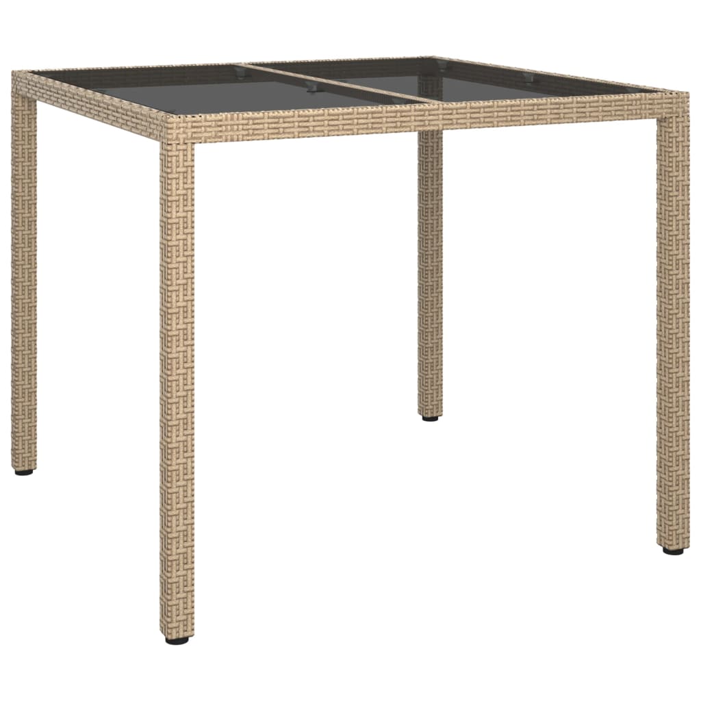 Tuintafel 90x90x75 cm gehard glas en poly rattan beige