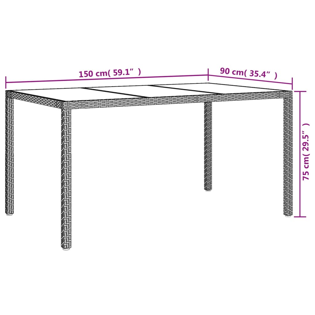 Tuintafel 150x90x75 cm gehard glas en poly rattan grijs