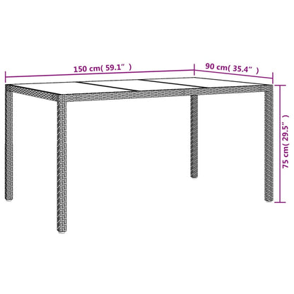 Tuintafel 150x90x75 cm gehard glas en poly rattan grijs