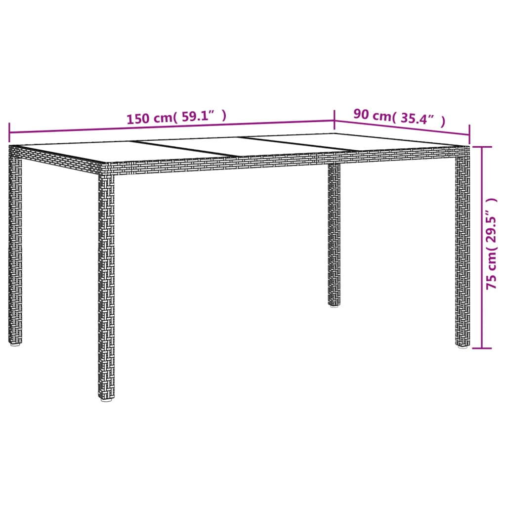 Tuintafel 150x90x75 cm gehard glas en poly rattan beige