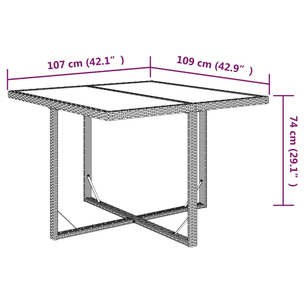 Tuintafel 109x107x74 cm poly rattan en glas bruin