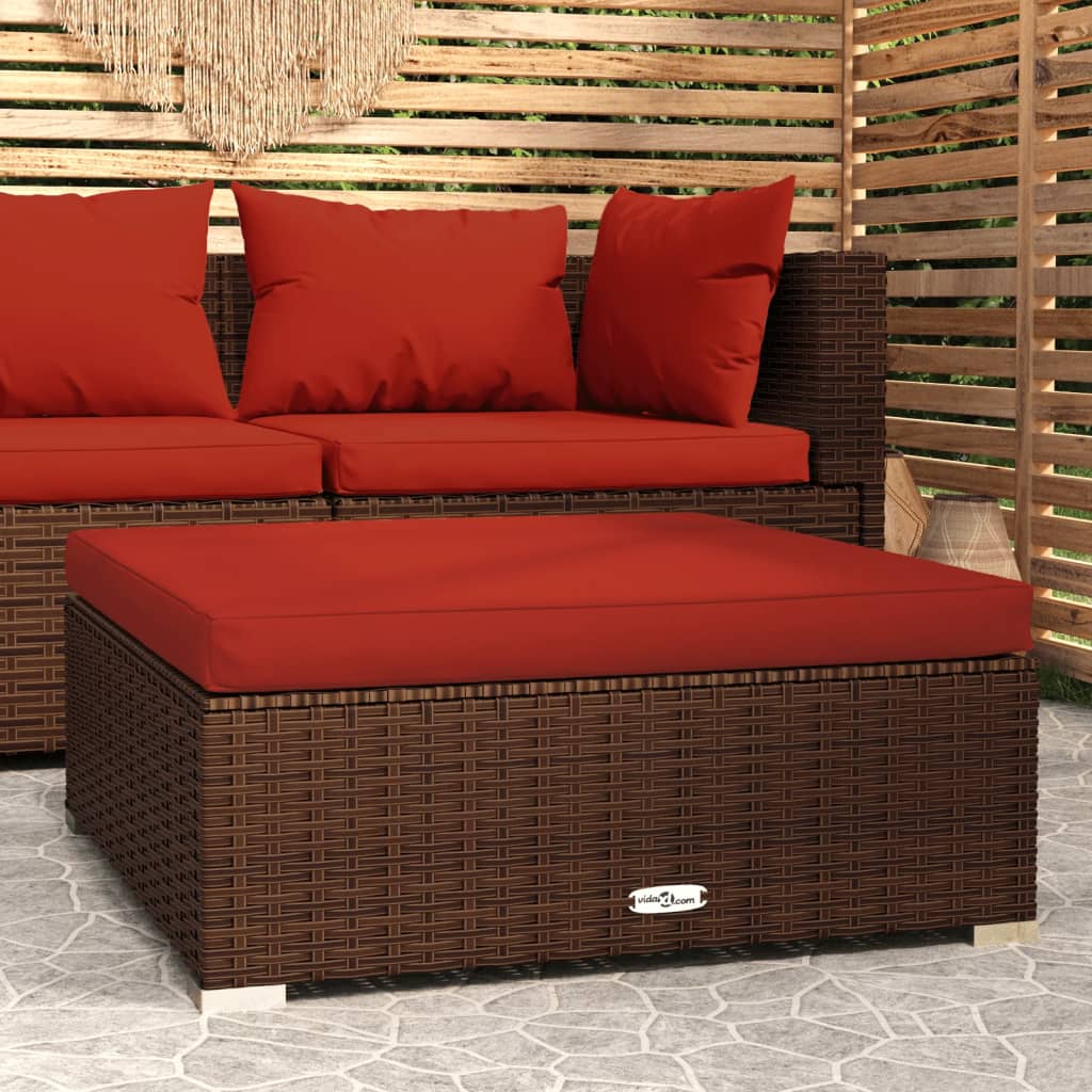 Tuinvoetenbank met kussen 70x70x30 cm poly rattan bruin