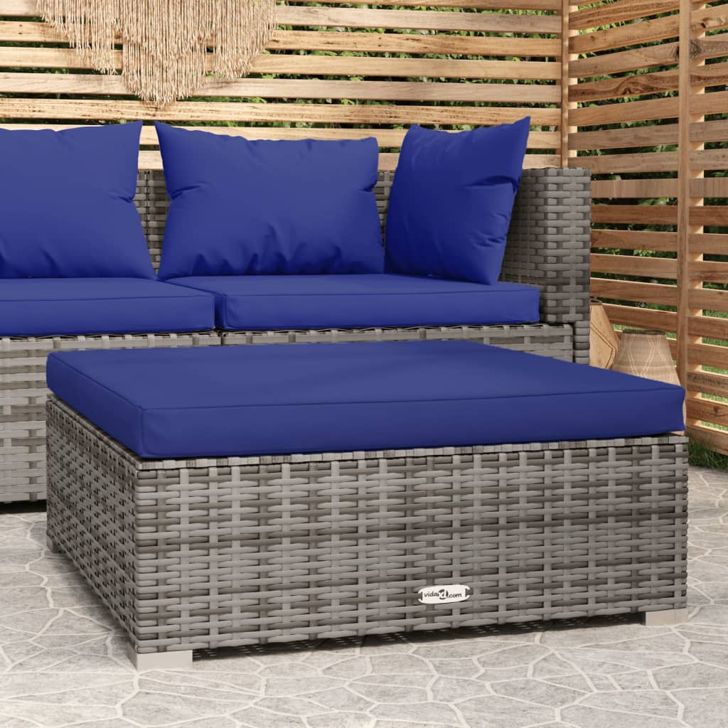 Tuinvoetenbank met kussen 70x70x30 cm poly rattan grijs