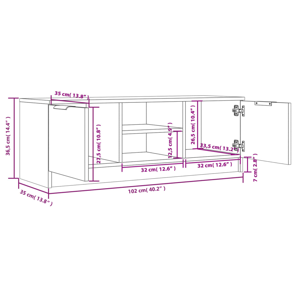 Tv-meubel 102x35x36,5 cm bewerkt hout hoogglans wit