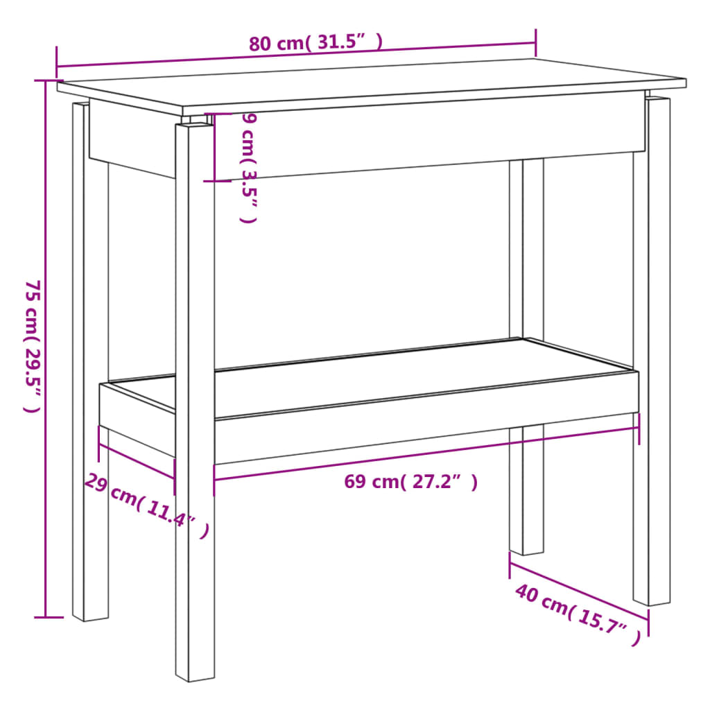 Wandtafel 80x40x75 cm massief grenenhout wit