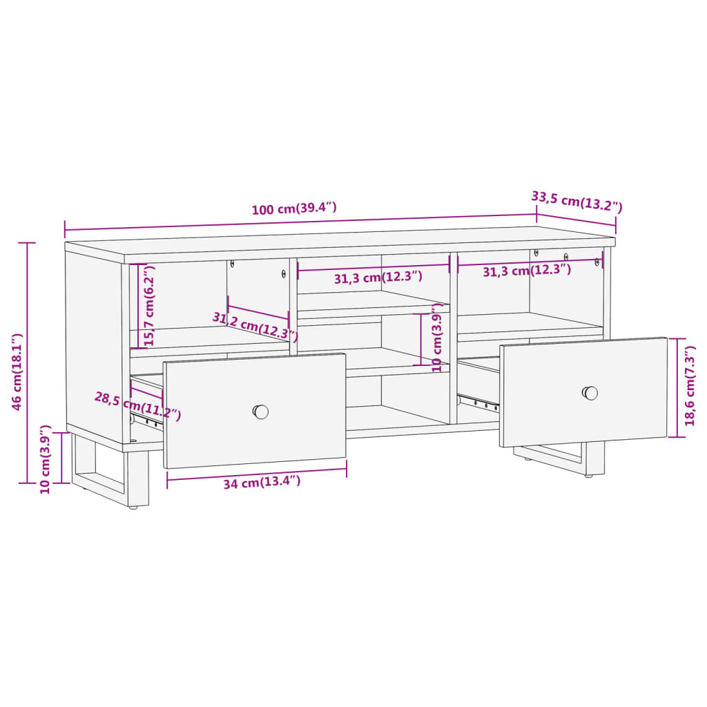 Tv-meubel 100x33,5x46 cm massief mangohout bruin en zwart