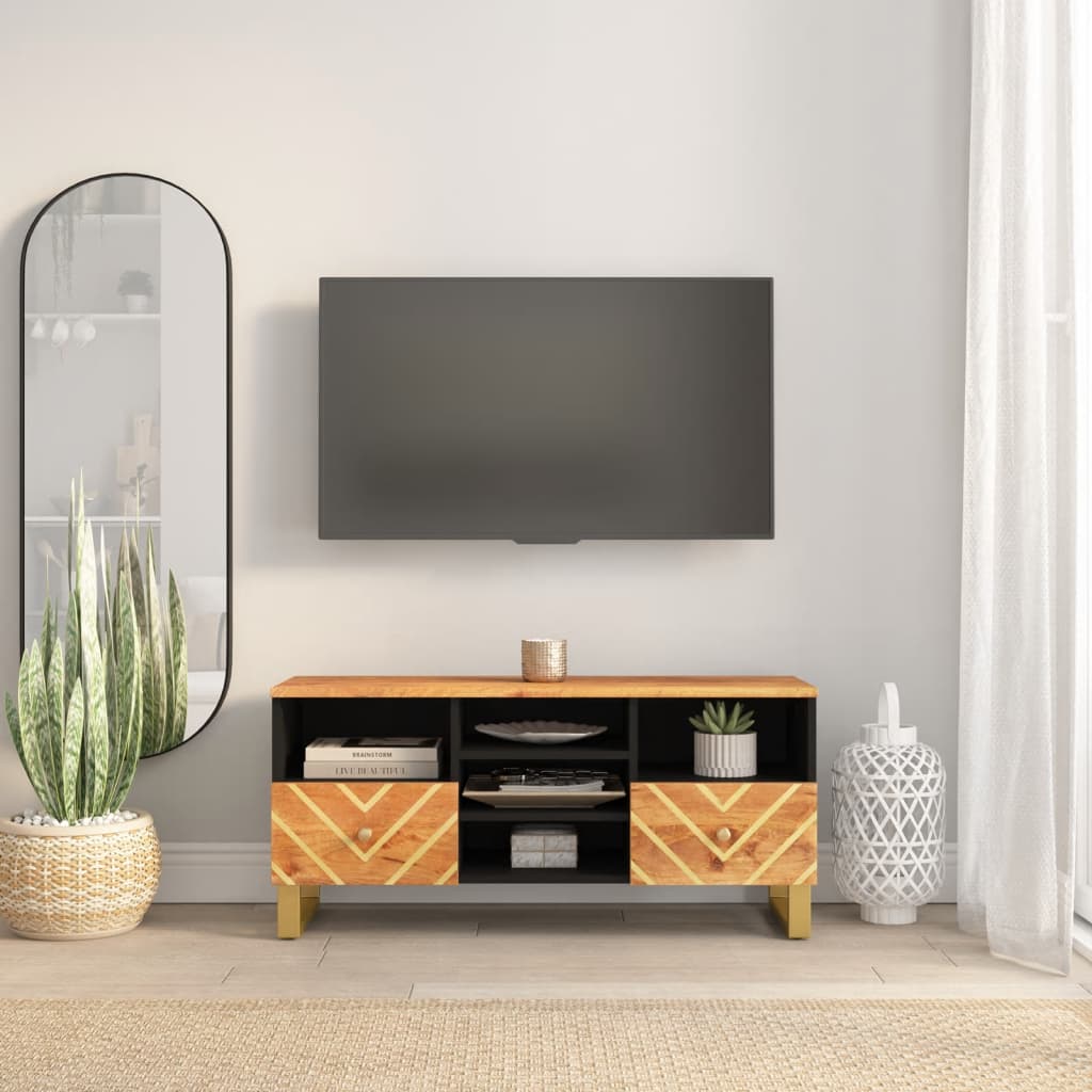 Tv-meubel 100x33,5x46 cm massief mangohout bruin en zwart