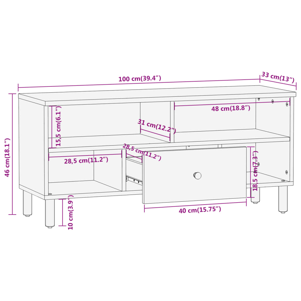 Tv-meubel 100x33x46 cm massief mangohout