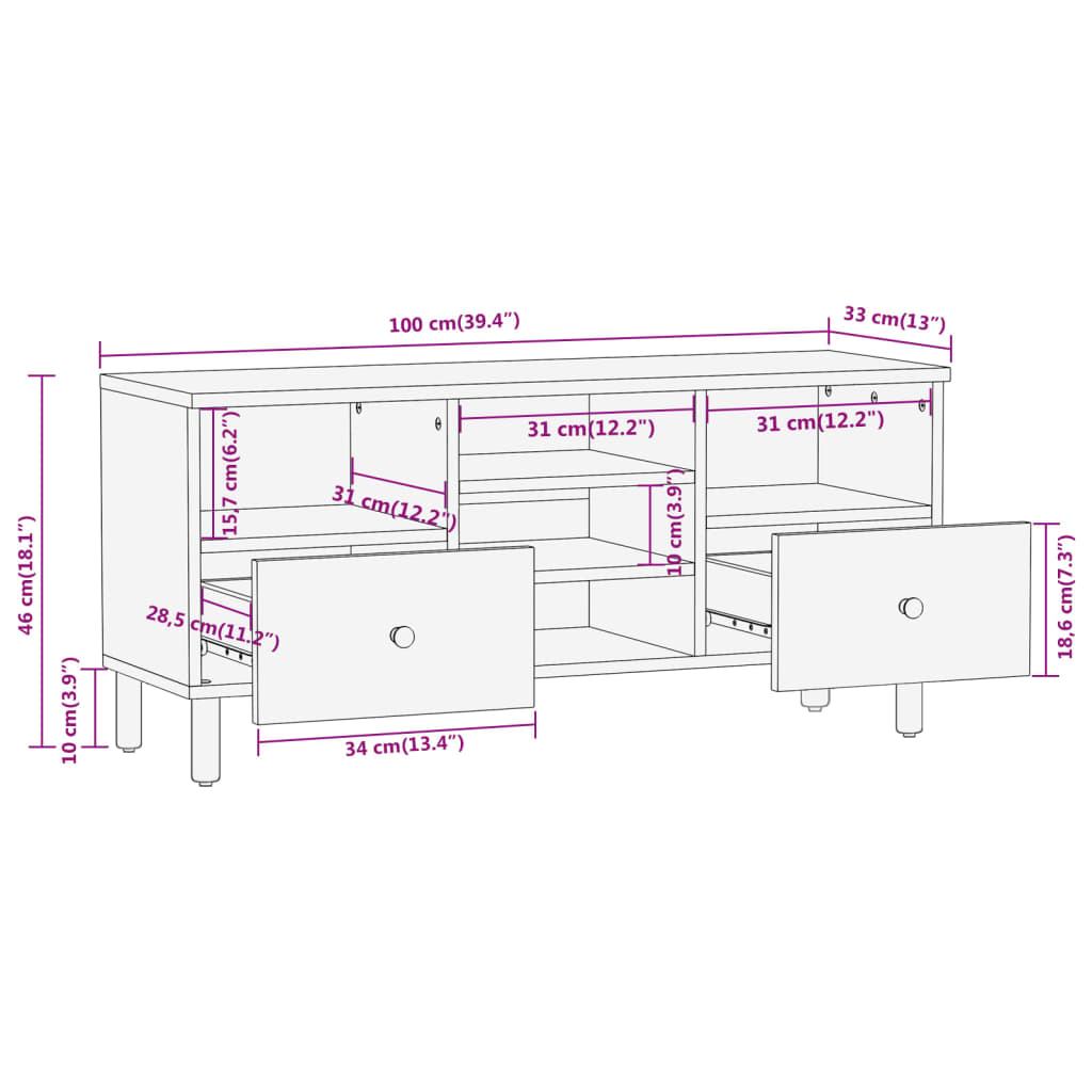 Tv-meubel 100x33x46 cm massief mangohout