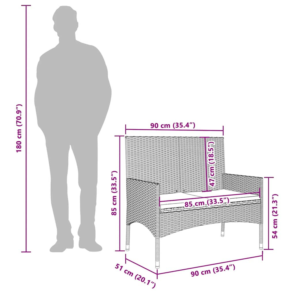 Tuinbank 2-zits met kussens poly rattan bruin