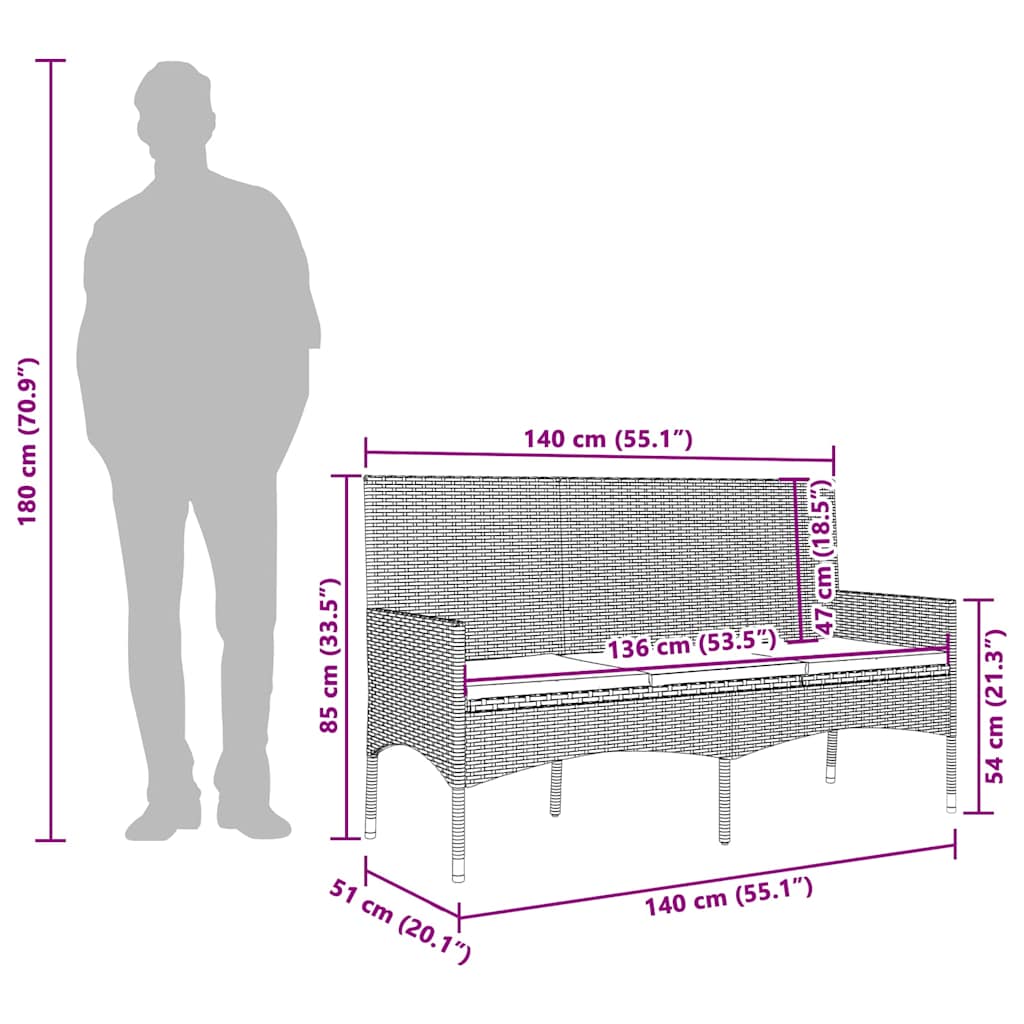 Tuinbank 3-zits met kussens poly rattan grijs