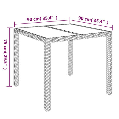 Tuintafel met glazen blad 90x90x75 cm poly rattan