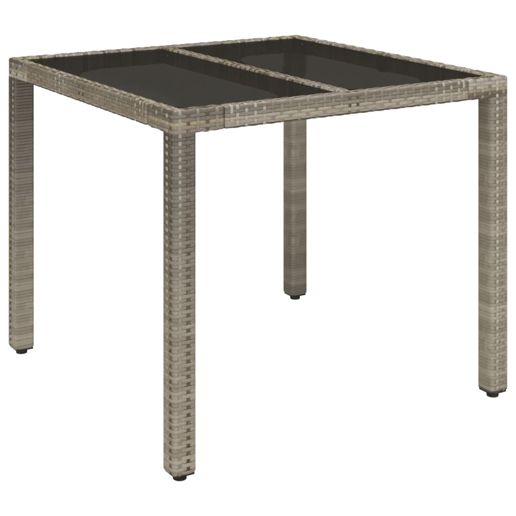 Tuintafel met glazen blad 90x90x75 cm poly rattan grijs