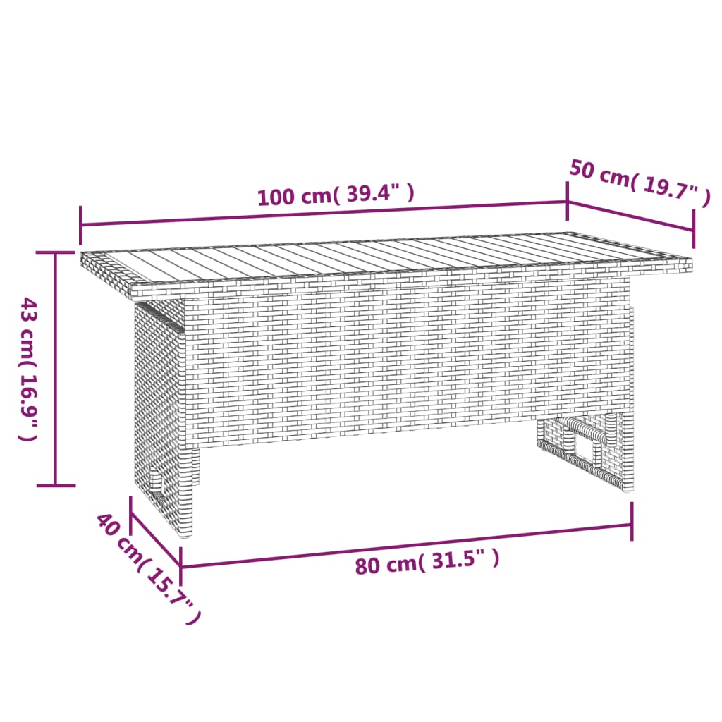 Tuintafel 100x50x43/63 cm acaciahout en poly rattan zwart