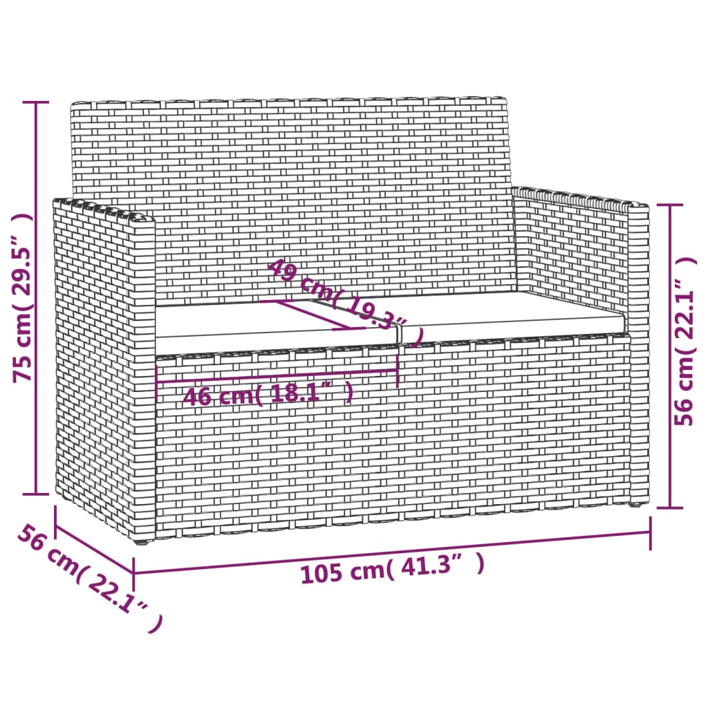 Tuinbank met kussens 105 cm poly rattan grijs