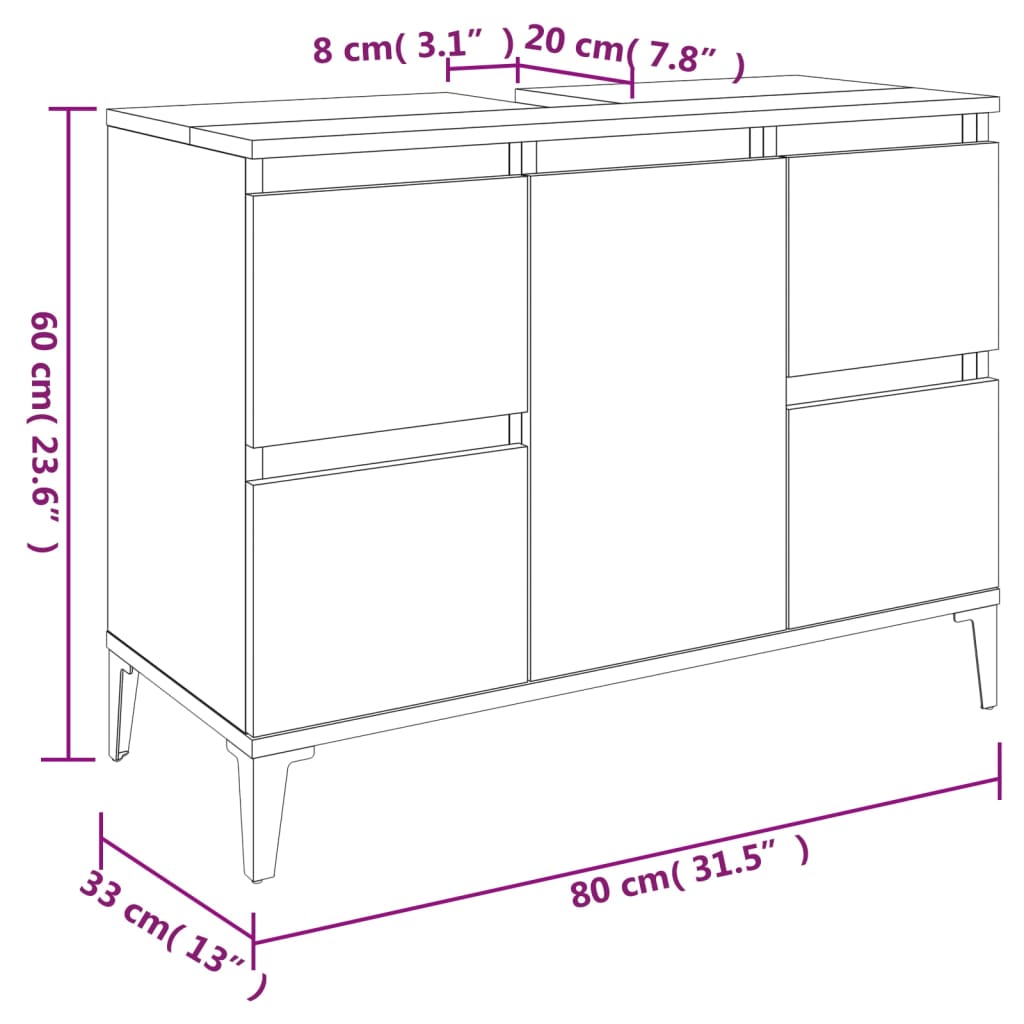 Wastafelkast 80x33x60 cm bewerkt hout wit