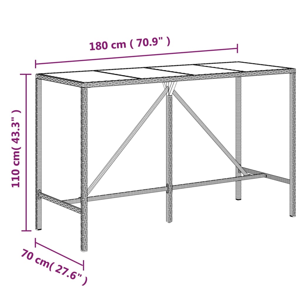 Bartafel met glazen blad 180x70x110 cm poly rattan grijs