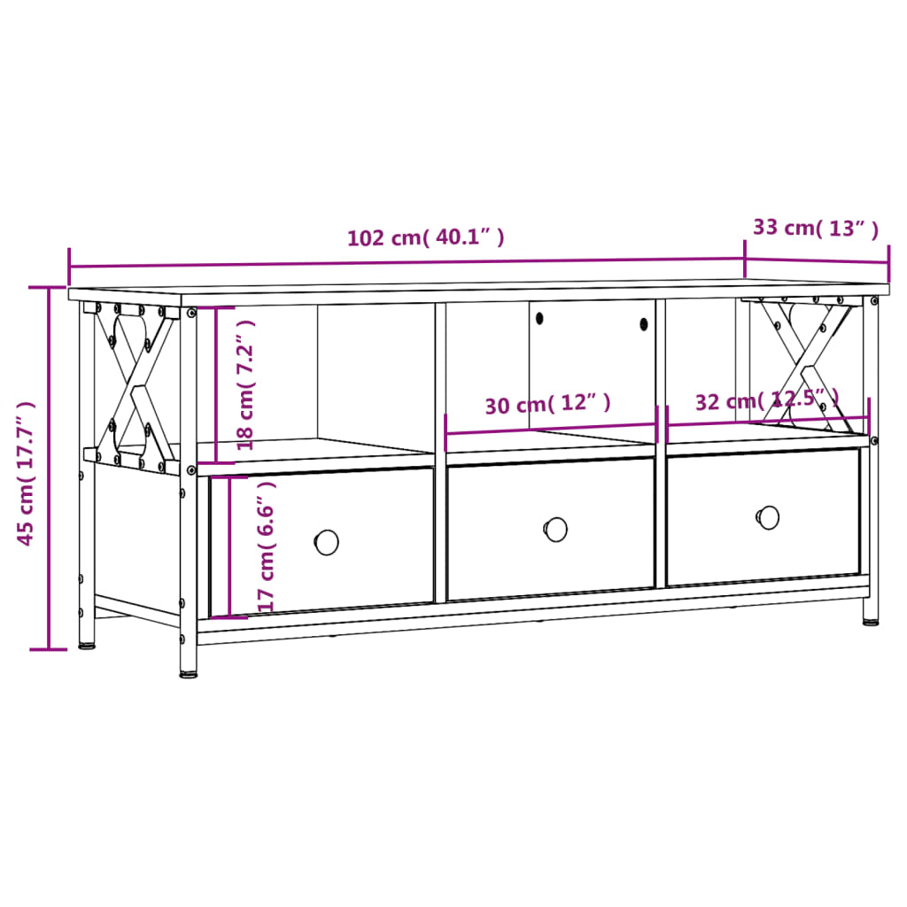 Tv-meubel 102x33x45 cm bewerkt hout en ijzer zwart