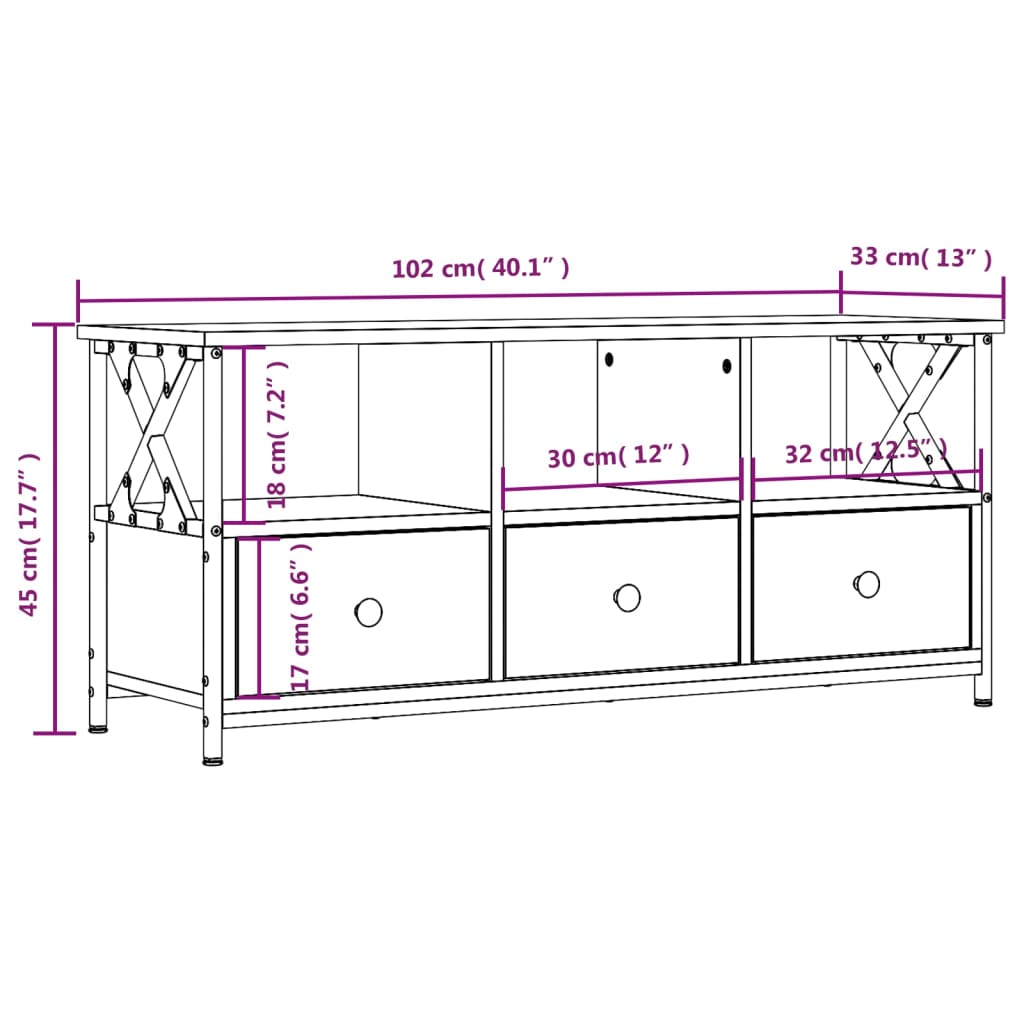 Tv-meubel 102x33x45 cm bewerkt hout en ijzer gerookt eikenkleur