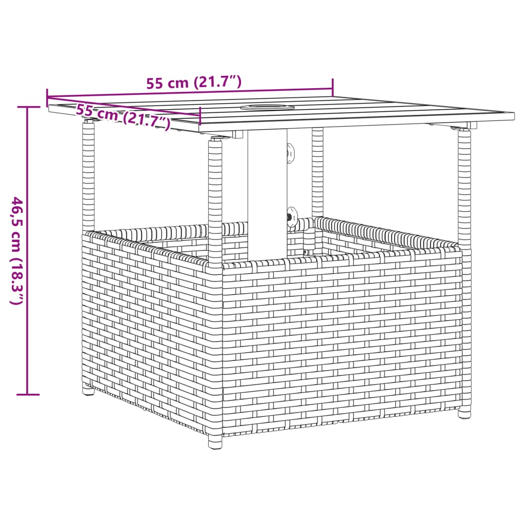 Tuintafel met parasolgat 55x55x46,5 cm poly rattan zwart