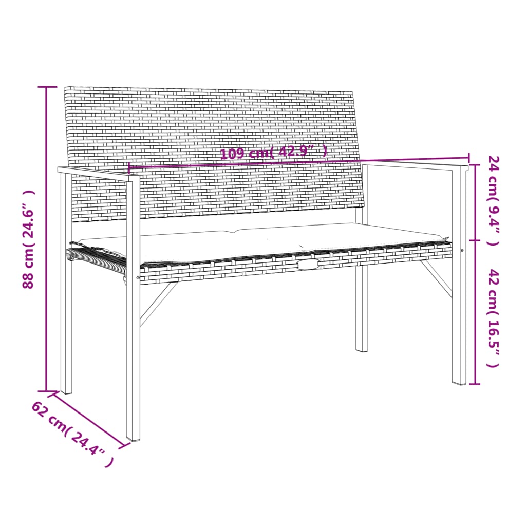 Tuinbank 2-zits met kussen poly rattan grijs