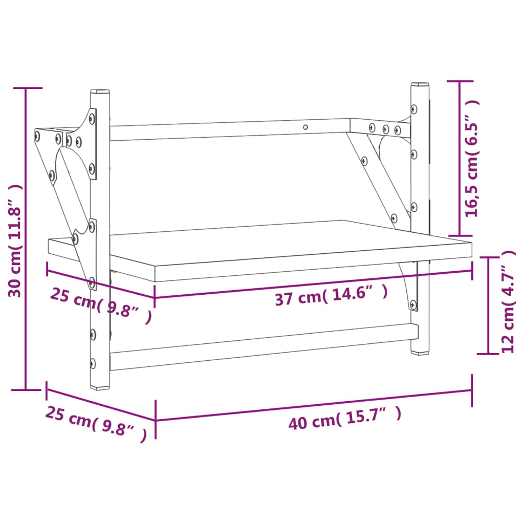 Wandschappen met stangen 2 st 40x25x30 cm grijs sonoma eiken