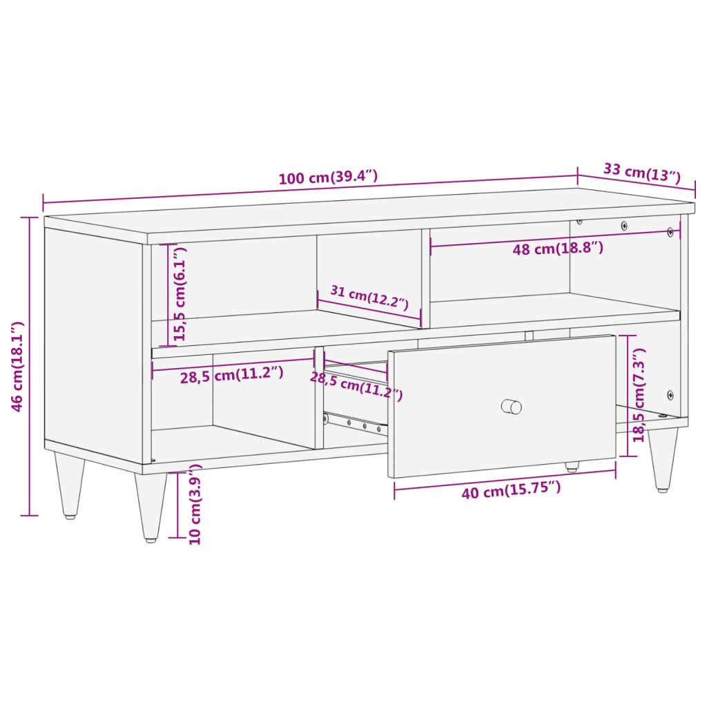 Tv-meubel 100x33x46 cm massief mangohout