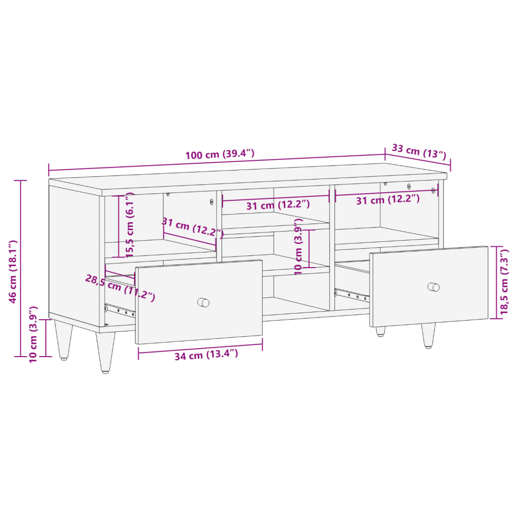 Tv-meubel 100x33x46 cm massief mangohout