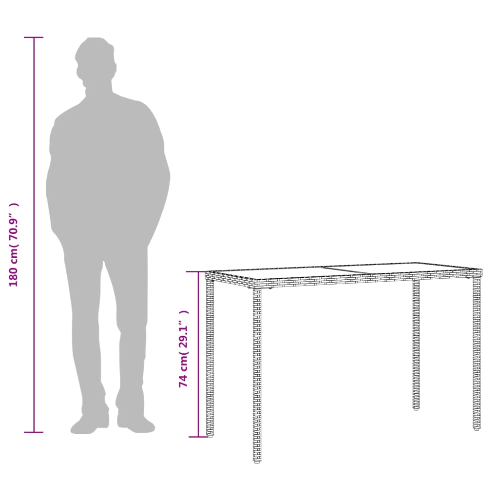 Tuintafel met glazen blad 115x54x74 cm poly rattan grijs