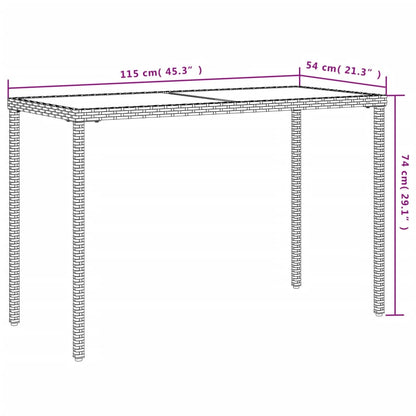 Tuintafel met glazen blad 115x54x74 cm poly rattan grijs