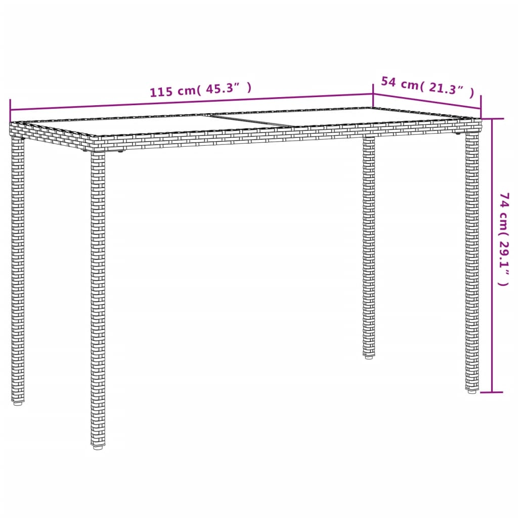 Tuintafel met glazen blad 115x54x74 cm poly rattan lichtgrijs