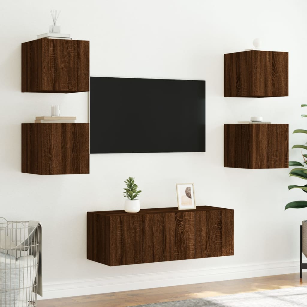 Tv-wandmeubelen met LED 2 st 30,5x35x30 cm bruin eikenkleur