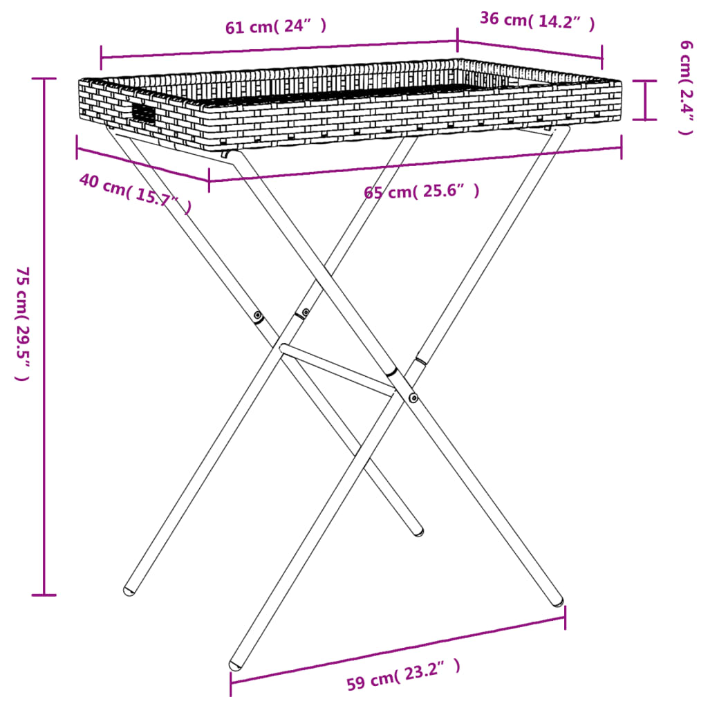 Dienbladtafel inklapbaar 65x40x75 cm poly rattan bruin