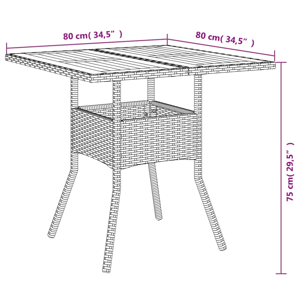 Tuintafel met acaciahouten blad 80x80x75 cm poly rattan grijs