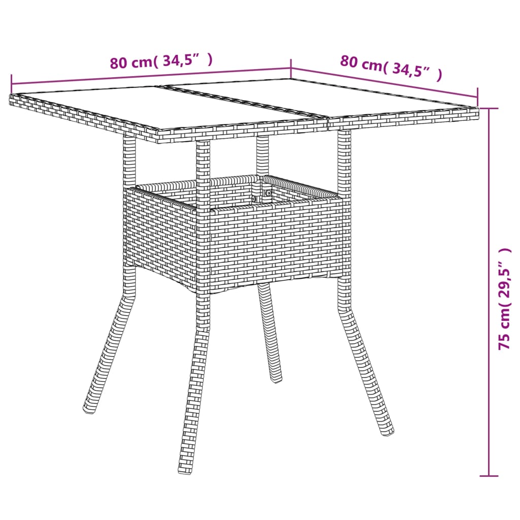 Tuintafel met glazen blad 80x80x75 cm poly rattan grijs