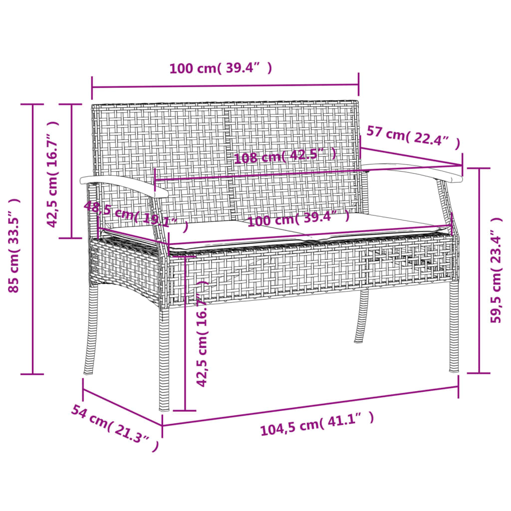 Tuinbank met kussen poly rattan en acaciahout grijs